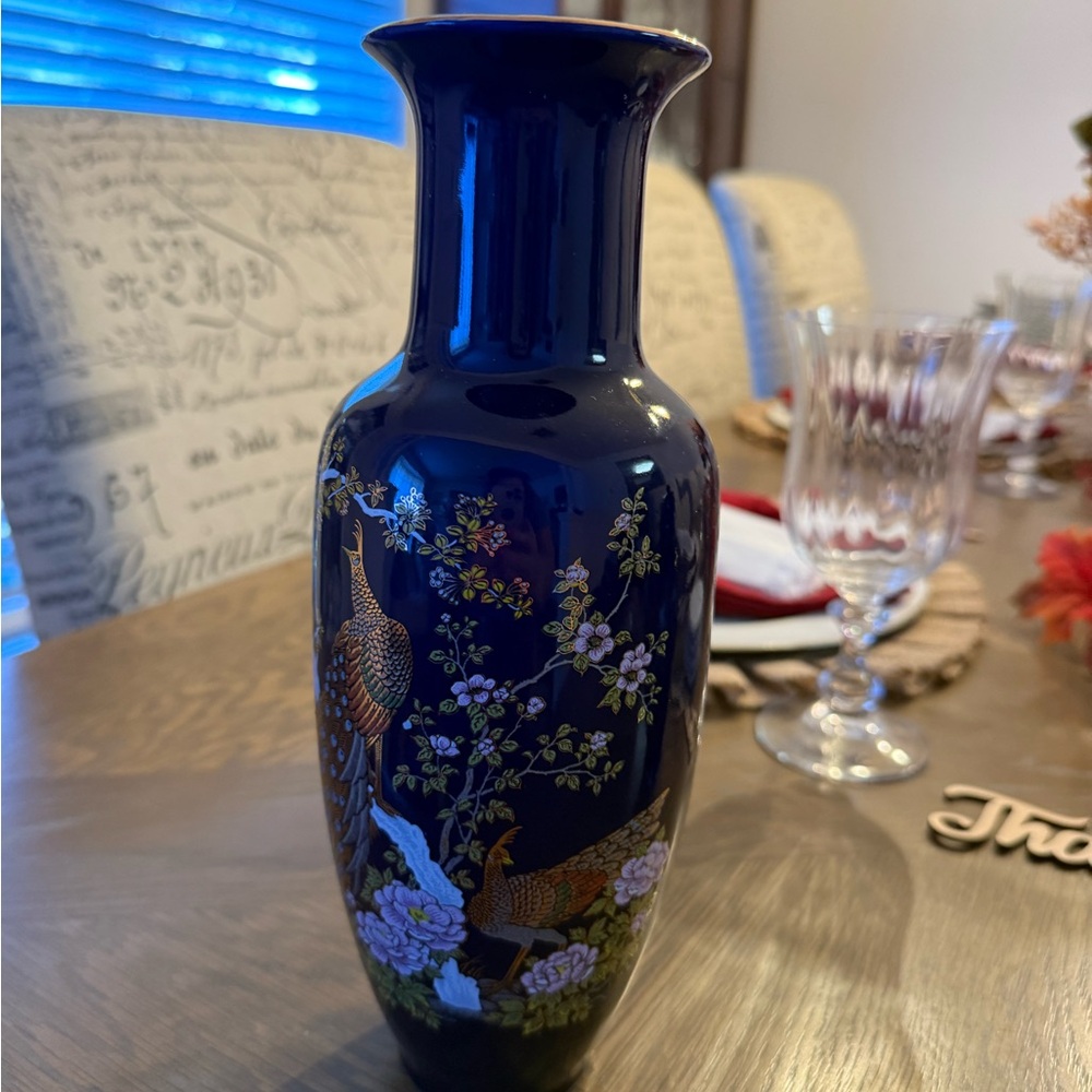 Japanese Peacock & Floral Vase Cobalt Blue Vase, Vintage Decor